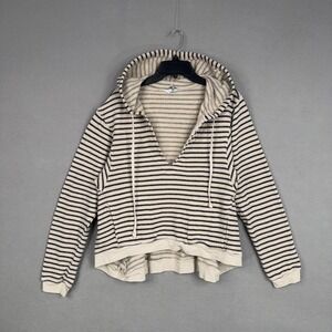 Hard Tail Forever Hoodie Womens Medium Off White Navy Striped V Neck Pullover